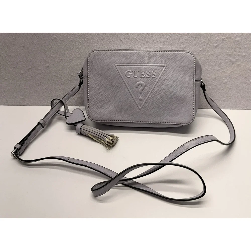 GUESS LE637112 Camera Crossbody Bag Pastel Lavender Purple Grey Saffiano Tassel